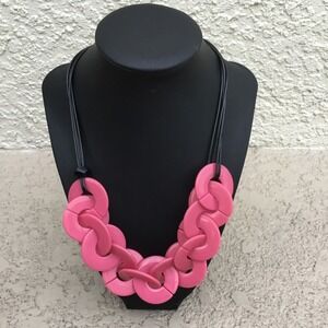 Bold Pink Statement Necklace With Chain Link Design & Adjustable Black Cord